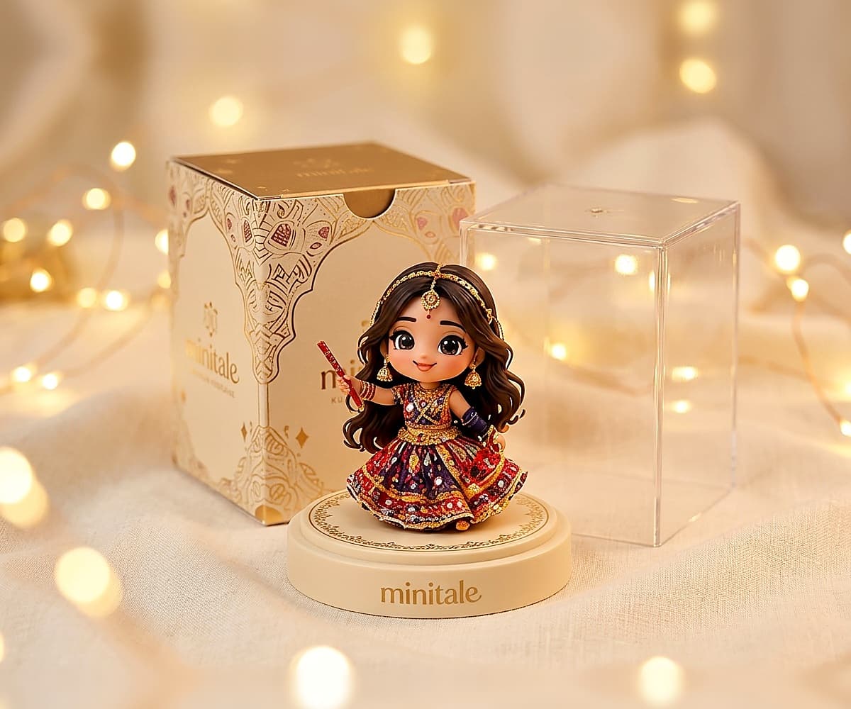 The Minitale display box, open with the collectible on its pedestal