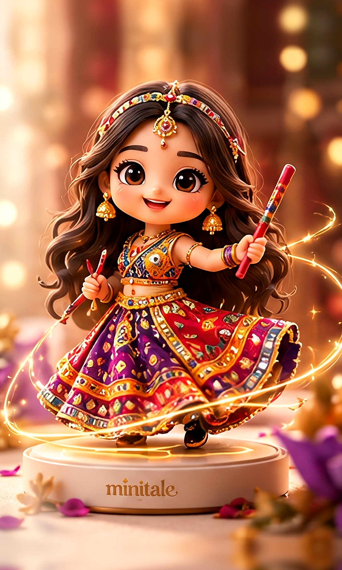 Chibi collectible of a girl in a Garba outfit holding dandiya sticks